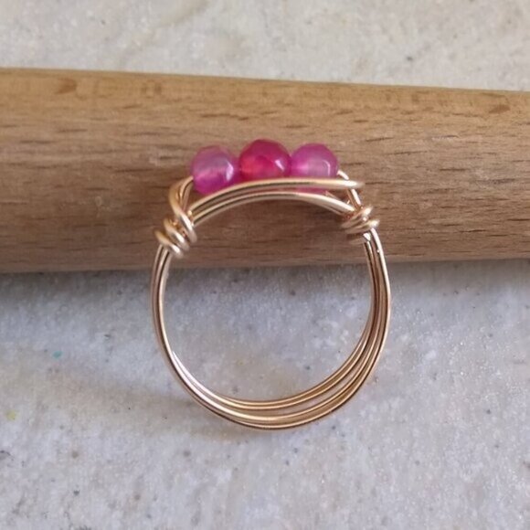 Sz 8.5 ~ Sexy & Slim Pink Agate Beaded Handmade Ring! Sturdy Every Day Wear! - Picture 7 of 9